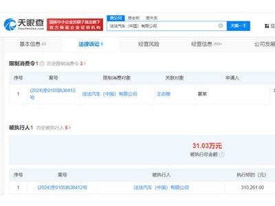法拉第未來國(guó)內(nèi)公司遭限消，此前強(qiáng)制執(zhí)行超31萬