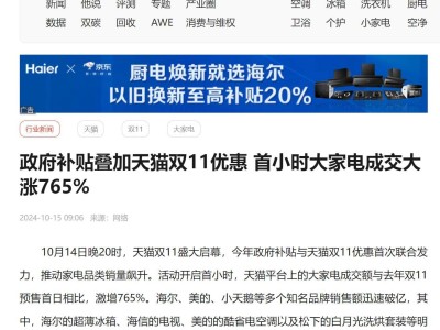 雙11首小時大家電成交暴漲765%，熱銷商品大揭秘！