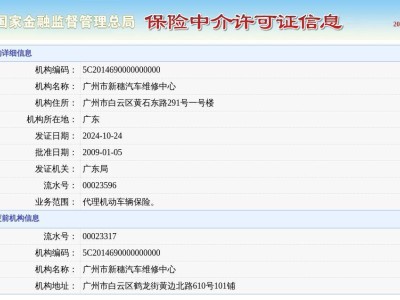 廣州市新穗汽車維修中心保險中介許可證，2024年新證換發(fā)