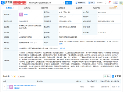 煙臺(tái)低域空翼產(chǎn)投公司成立，注冊(cè)資本1億元