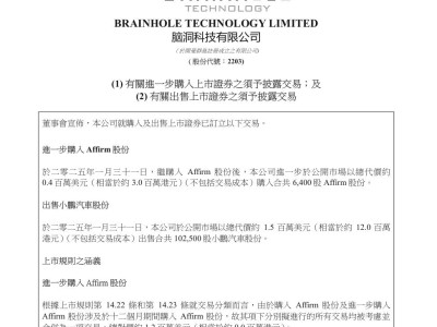 腦洞科技新動作：增持Affirm股份，減持小鵬汽車股份